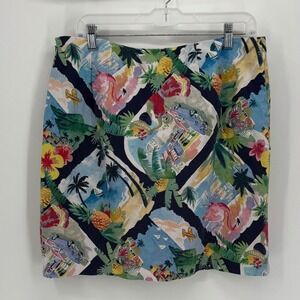 Talbots Woman Sz 12 Tropical Postcard Print Mini Skirt Flamingo Navy Blue Cotton